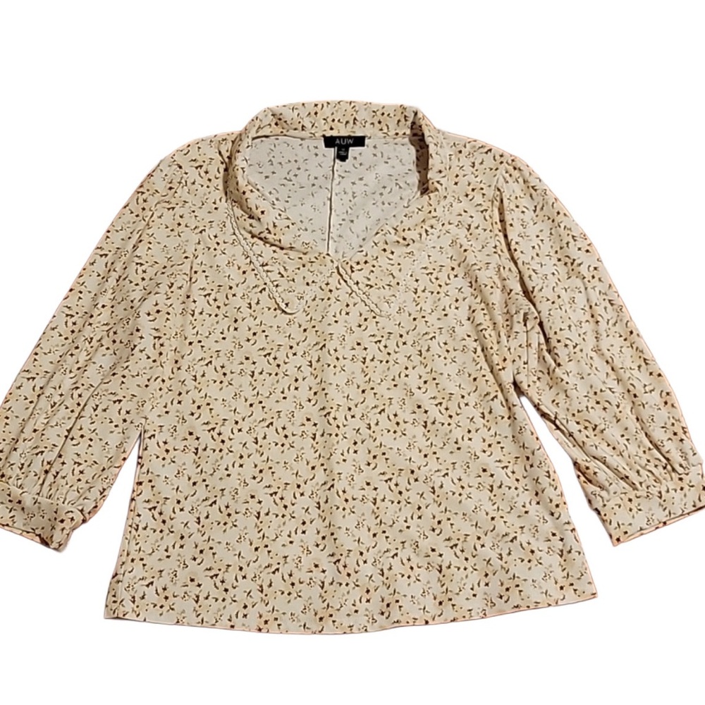 Cottagecore Collared Cream Blouse with Yellow and Brown Flower Print Siz…